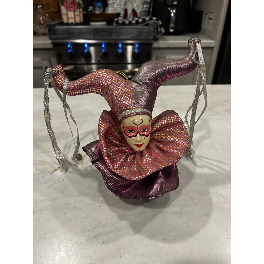 Vintage Brinns Musical Jester Doll Porcelain Face Pink Purple Harlequin Mask